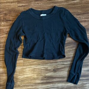 MATE THE LABEL Black Long-Sleeve Waffle Crop Top